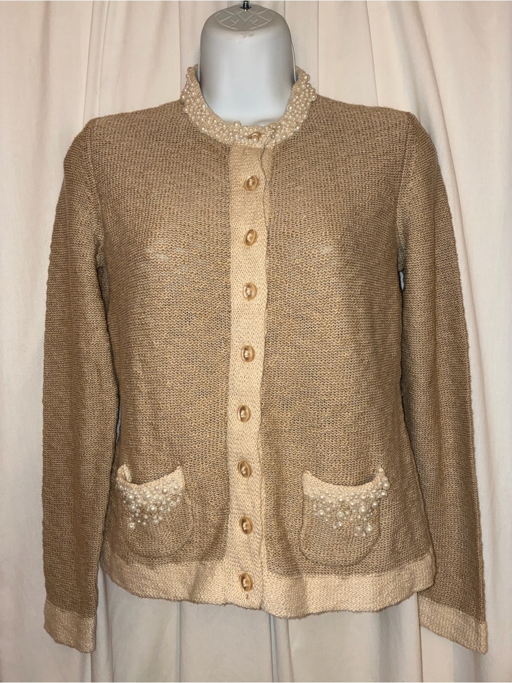 Chadwicks Pearl Collar Button Down Cardigan Taupe/Cream Sweater Size PS NWOT